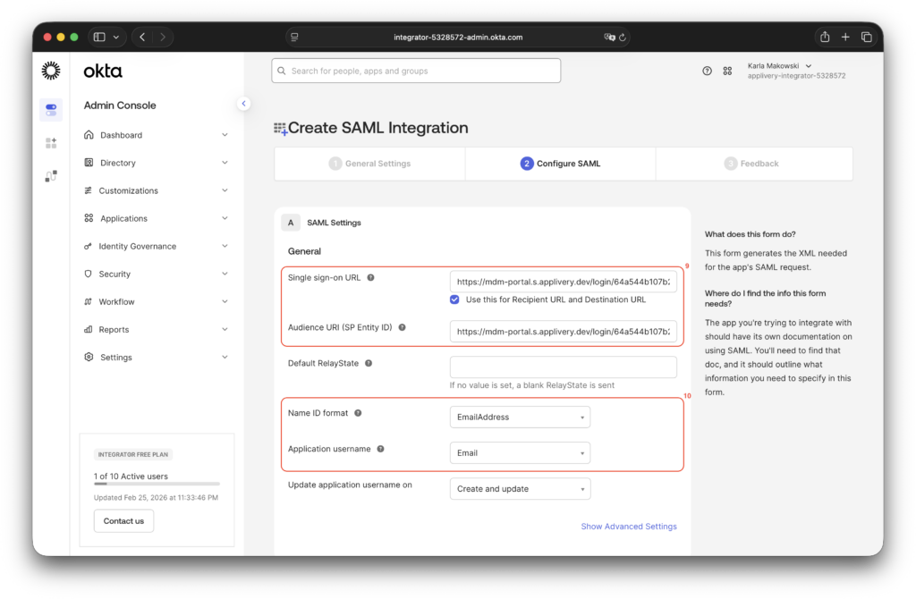 create saml integration step 2