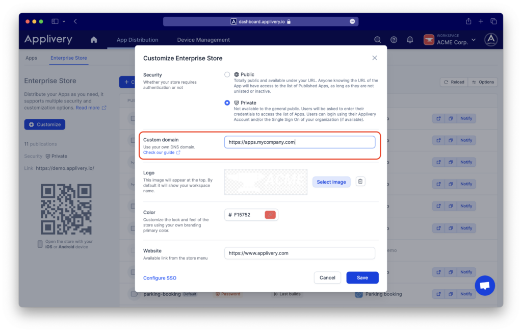 custom-domain | Applivery | Applivery Configure a custom domain for your Enterprise App Store in Applivery