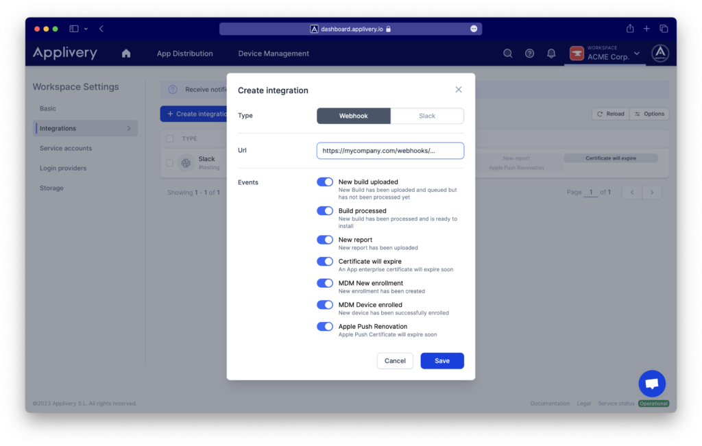 new-webhook | Applivery | Applivery Get instant notifications through webhooks