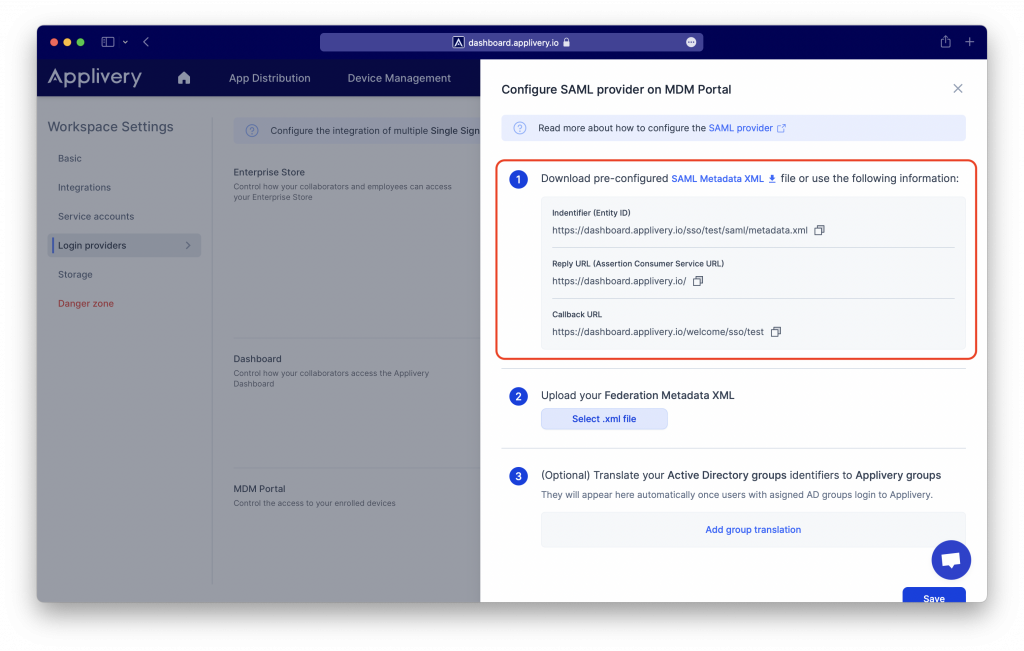 saml-config-png | Applivery | Applivery