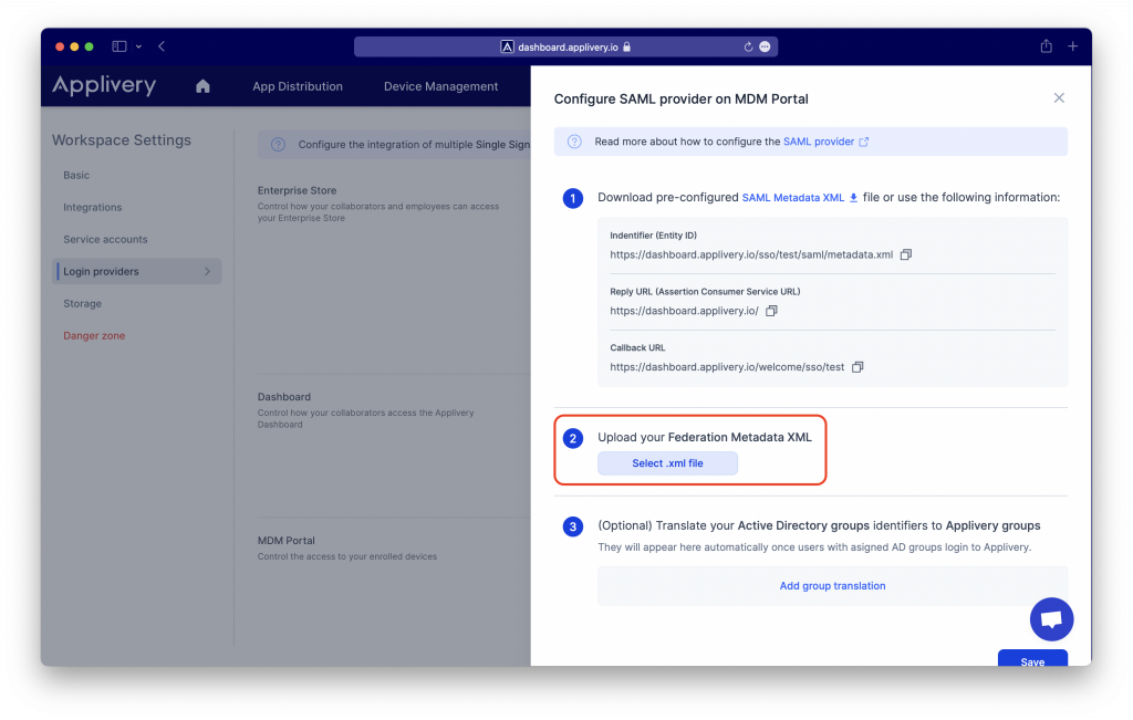 saml-upload | Applivery | Applivery