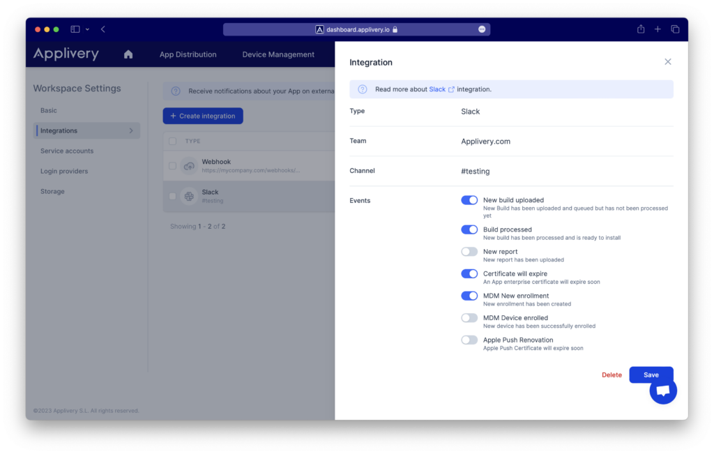 Slack integration details | Applivery | Applivery Connect Applivery with Slack