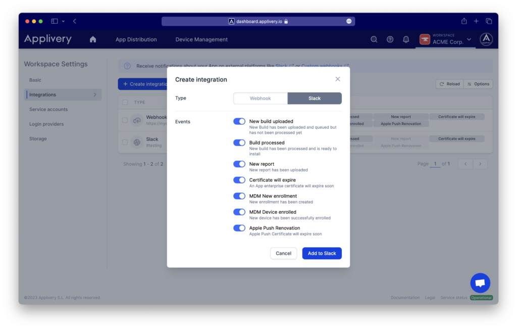 Connect slack | Applivery | Applivery Integrate slack with Applivery