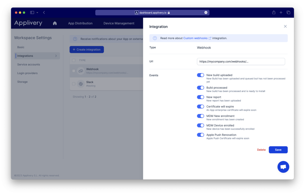 webhooks-details | Applivery | Applivery View webhook details in Applivery