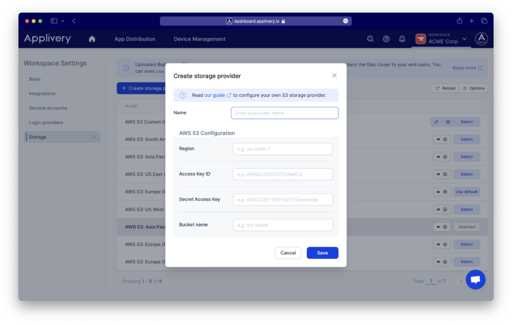 Create storage region | Applivery | Applivery Modal view for the creation a custom storage region in your account