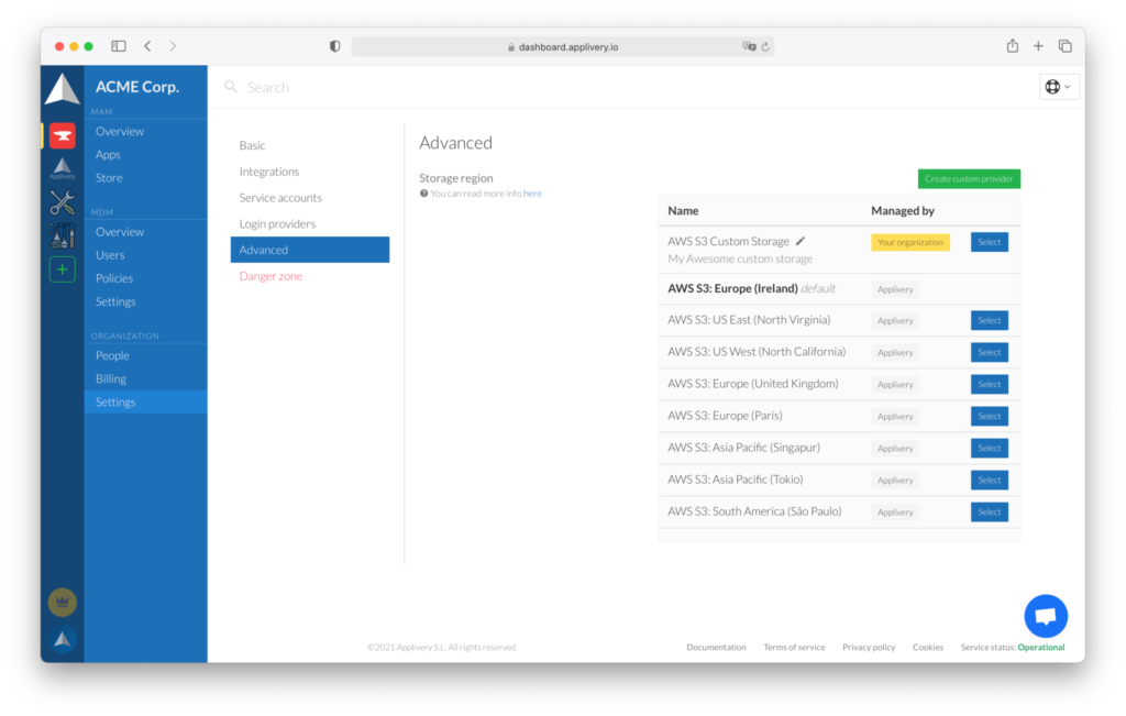 custom-storage-region-select | Applivery | Applivery