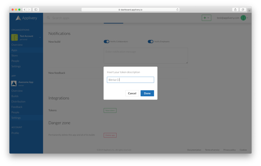 dashboard-create-token | Applivery