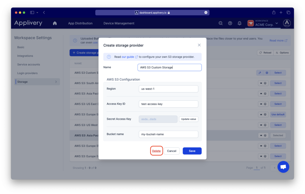 Delete Storage region | Applivery | Applivery