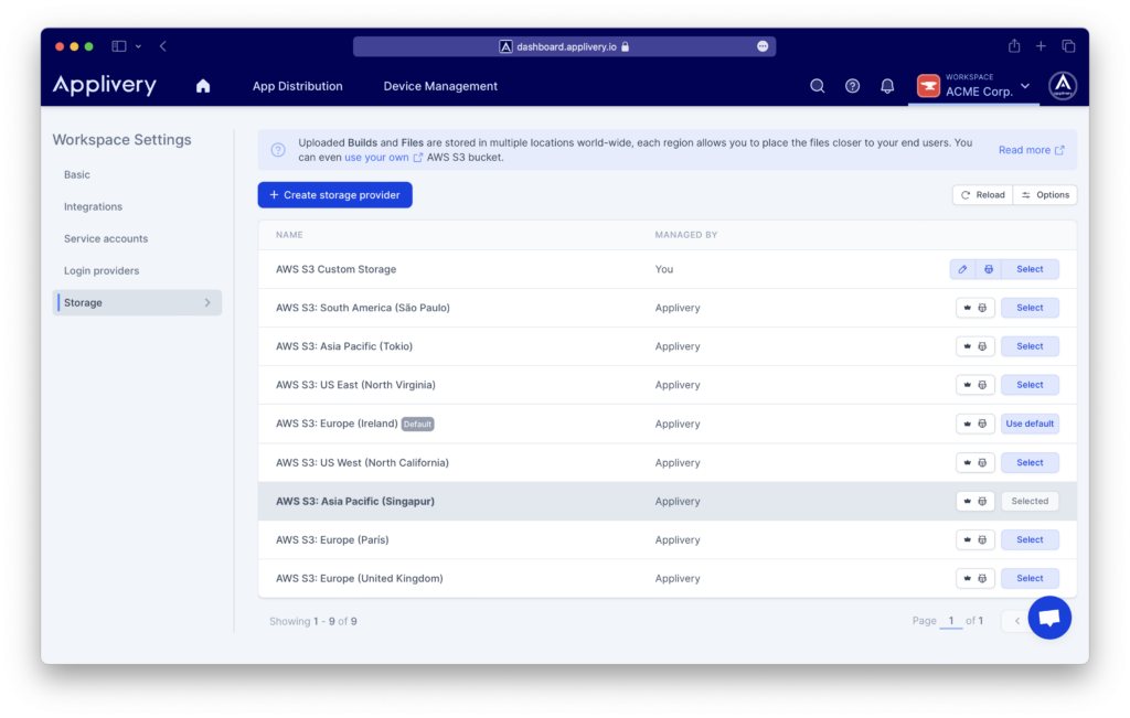 Storage regions in Applivery | Applivery | Applivery List of Storage Regions in Applivery