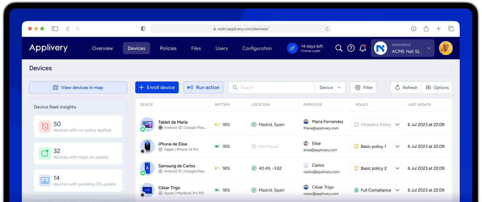 Dashboard MDM Apple and Android Applivery