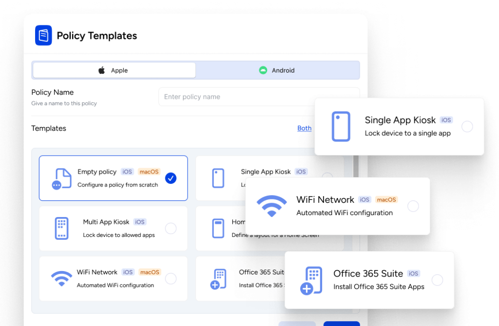 Policy Templates android and apple mdm