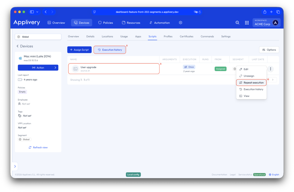 menú de acción de scripts