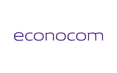 econocom wordmark in purple on a black background