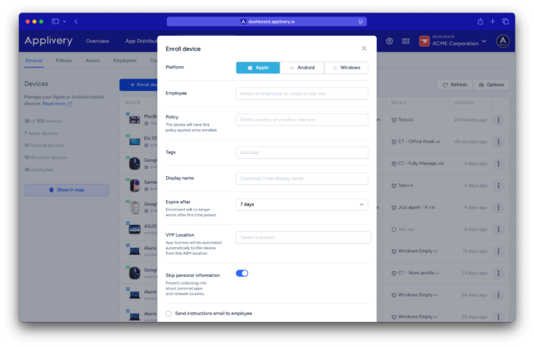 skip-persnal-information 1 1 | Applivery Privacy option for Apple device management