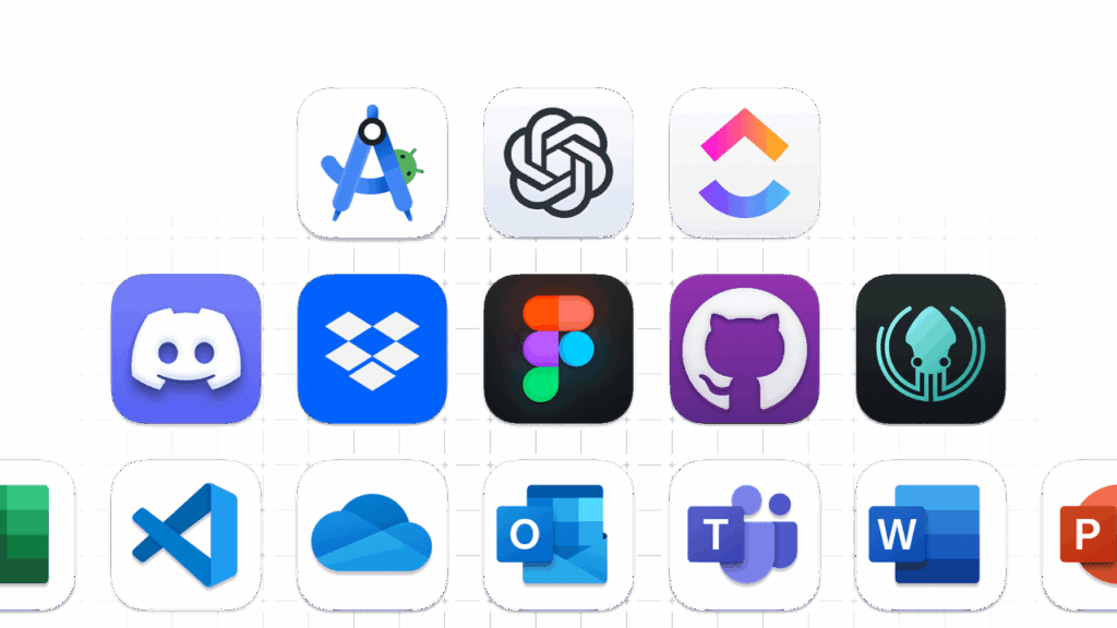 Grid of popular third-party application icons (including Android Studio, OpenAI, ClickUp, Discord, Dropbox, Figma, GitHub, Microsoft Office apps, and more) representing Applivery’s catalog of pre-packaged apps for Windows and macOS patch management.