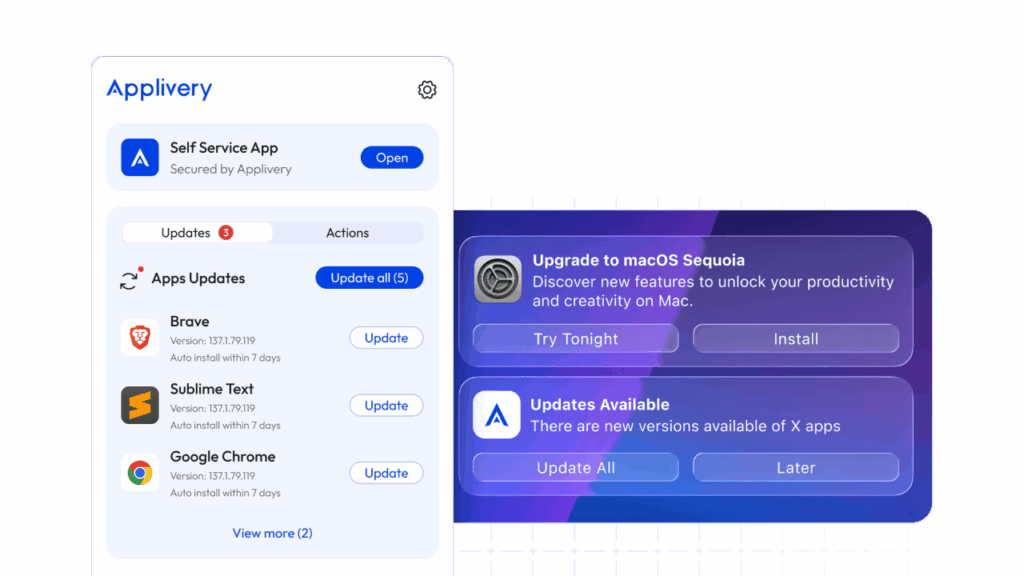 Applivery Self Service App interface showing available updates for Brave, Sublime Text, and Google Chrome, alongside proactive macOS and app update notifications to ensure devices remain secure and compliant.