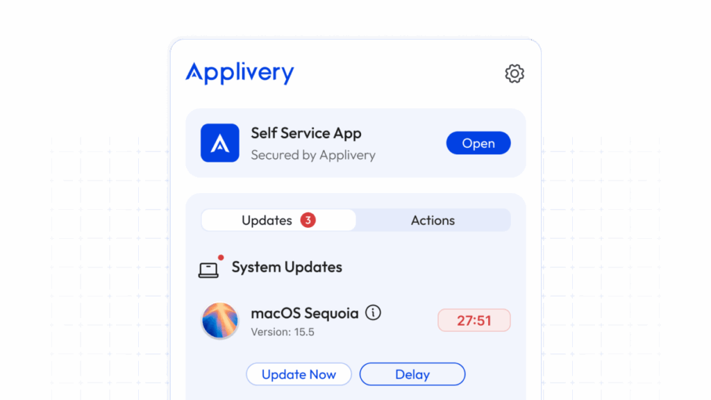 Applivery Self Service App interface showing macOS Sequoia system update with countdown timer and options to update immediately or delay, enabling granular control over enforced and deferred updates.