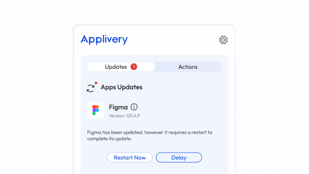 Applivery self-service app showing an available update for Figma that requires a restart, with options to restart immediately or delay, illustrating smart and user-friendly patching.