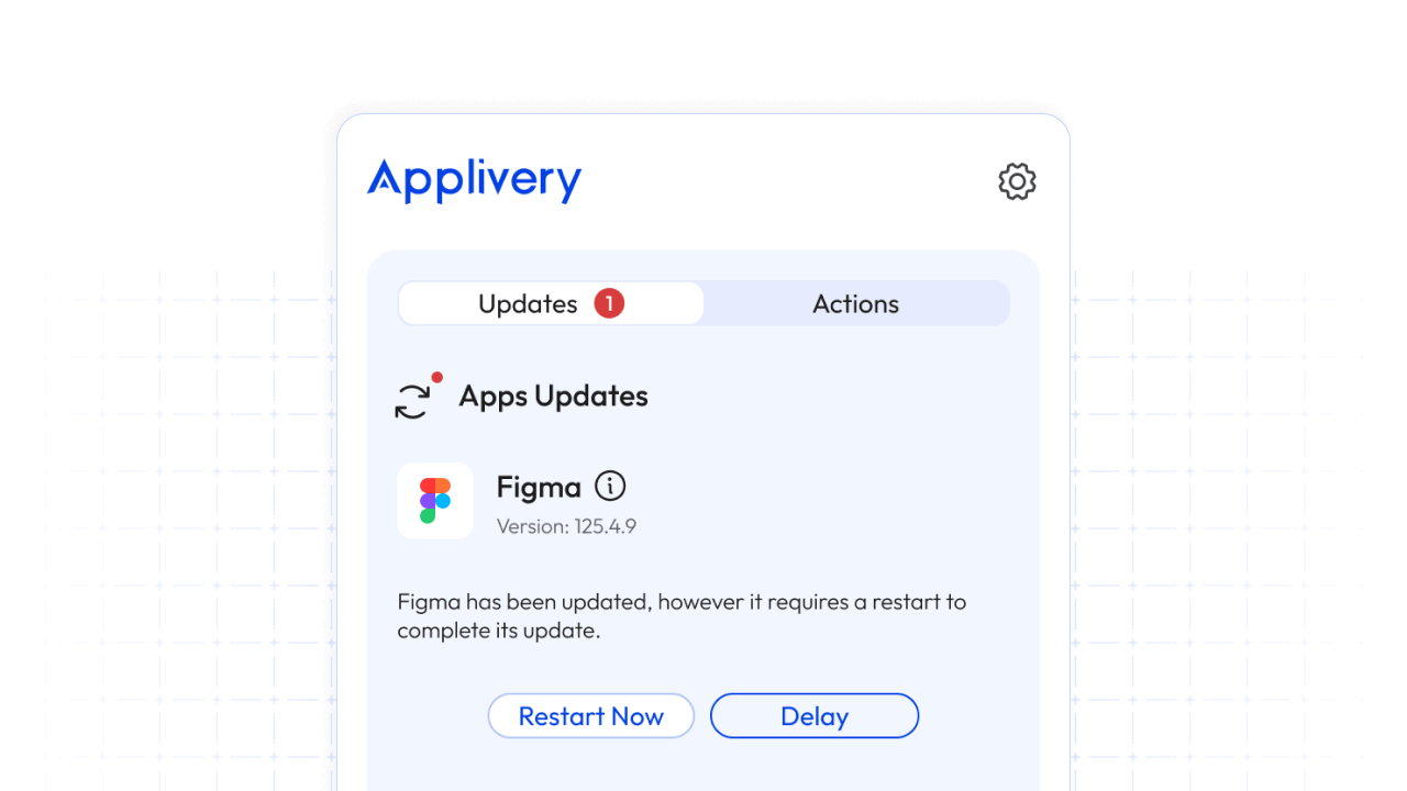 Applivery self-service app showing an available update for Figma that requires a restart, with options to restart immediately or delay, illustrating smart and user-friendly patching.
