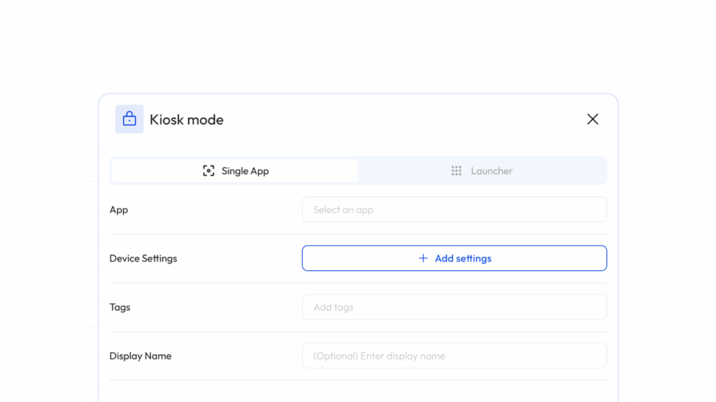Panel de control de Applivery que muestra la configuración del modo quiosco para configurar entornos de una sola aplicación o de múltiples aplicaciones con aplicaciones aprobadas.