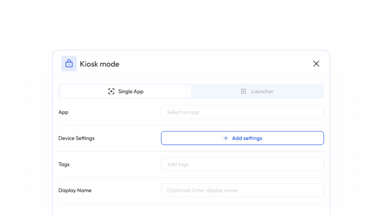 Panel de control de Applivery que muestra la configuración del modo quiosco para configurar entornos de una sola aplicación o de múltiples aplicaciones con aplicaciones aprobadas.