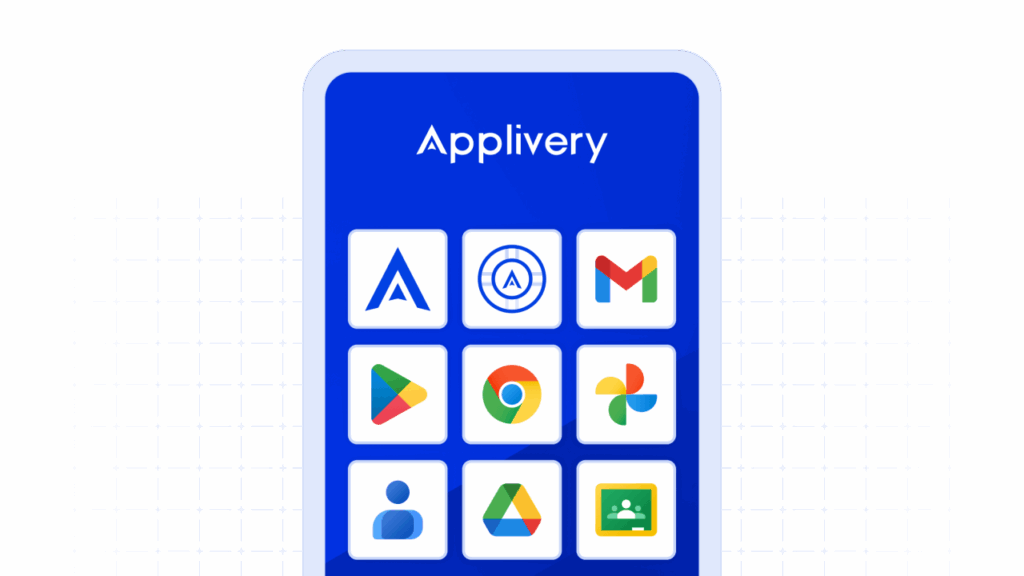 Pantalla del modo quiosco de Applivery con opciones de personalización de marca que muestran el logotipo de la empresa, las aplicaciones y una interfaz personalizada para lograr un aspecto profesional.