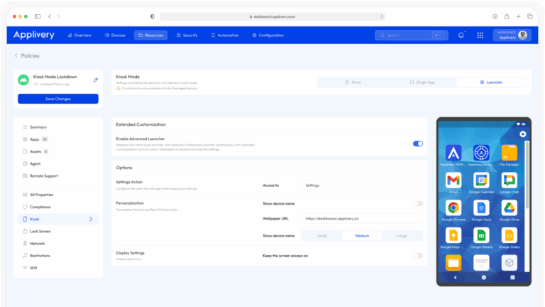 Applivery dashboard showing Kiosk Mode configuration to lock devices, prevent misuse, and ensure secure simplified management of the device fleet.