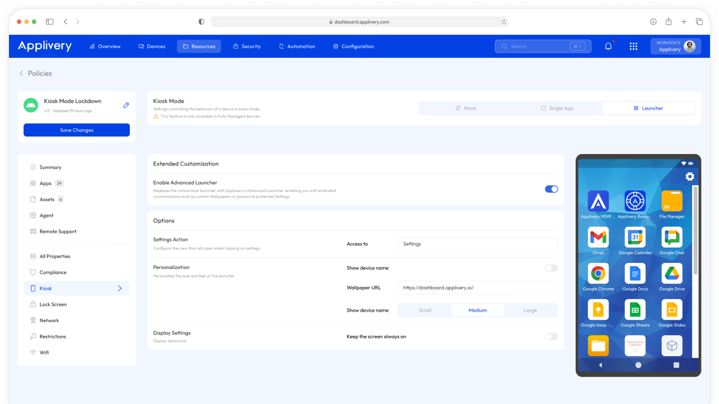 Panel de control de Applivery que muestra la configuración del modo quiosco para bloquear dispositivos, evitar usos indebidos y garantizar una gestión segura y simplificada de la flota de dispositivos.