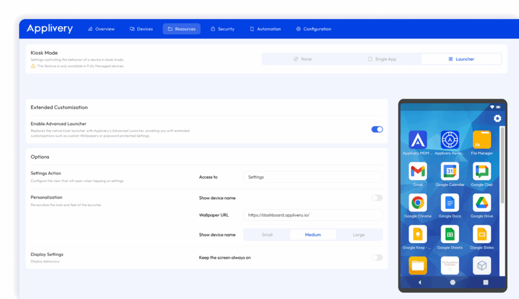 Panel de control de Applivery que destaca Kiosk Lockdown para transformar los dispositivos en terminales dedicados seguros con aplicaciones y configuraciones restringidas.