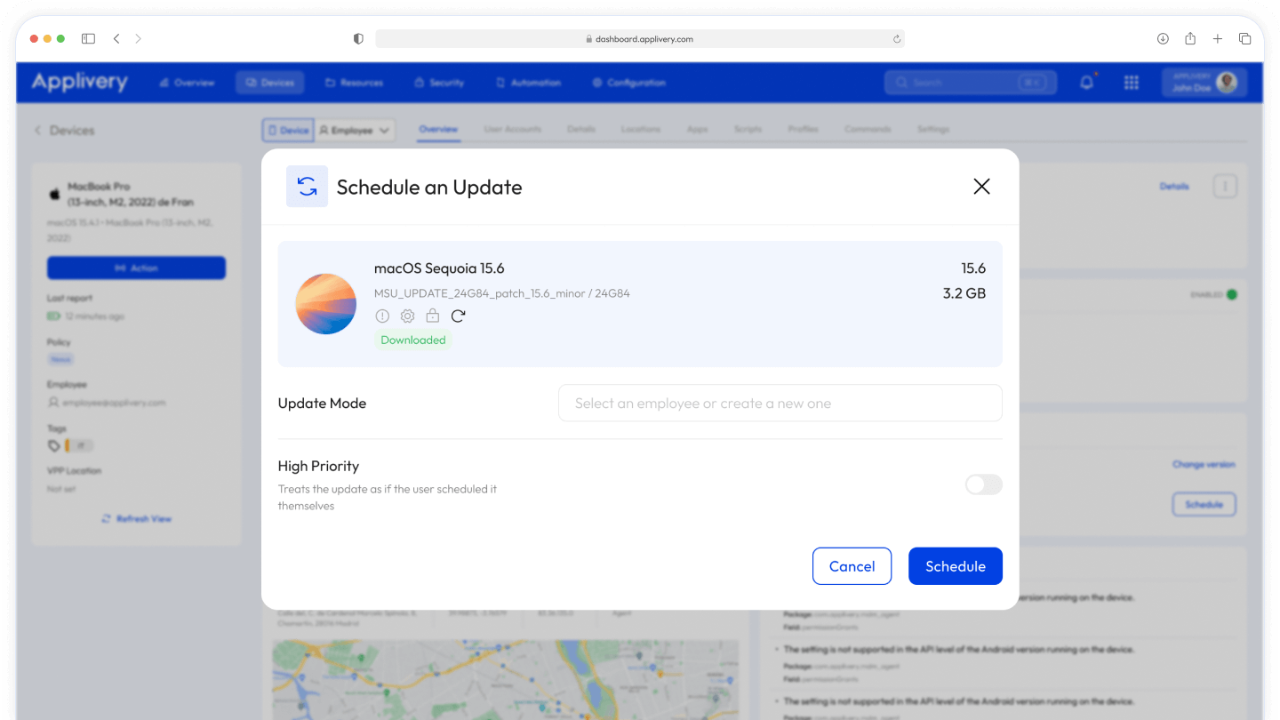 Panel de control de Applivery que muestra las actualizaciones gestionadas del sistema operativo con controles automatizados para simplificar las actualizaciones en toda la organización.
