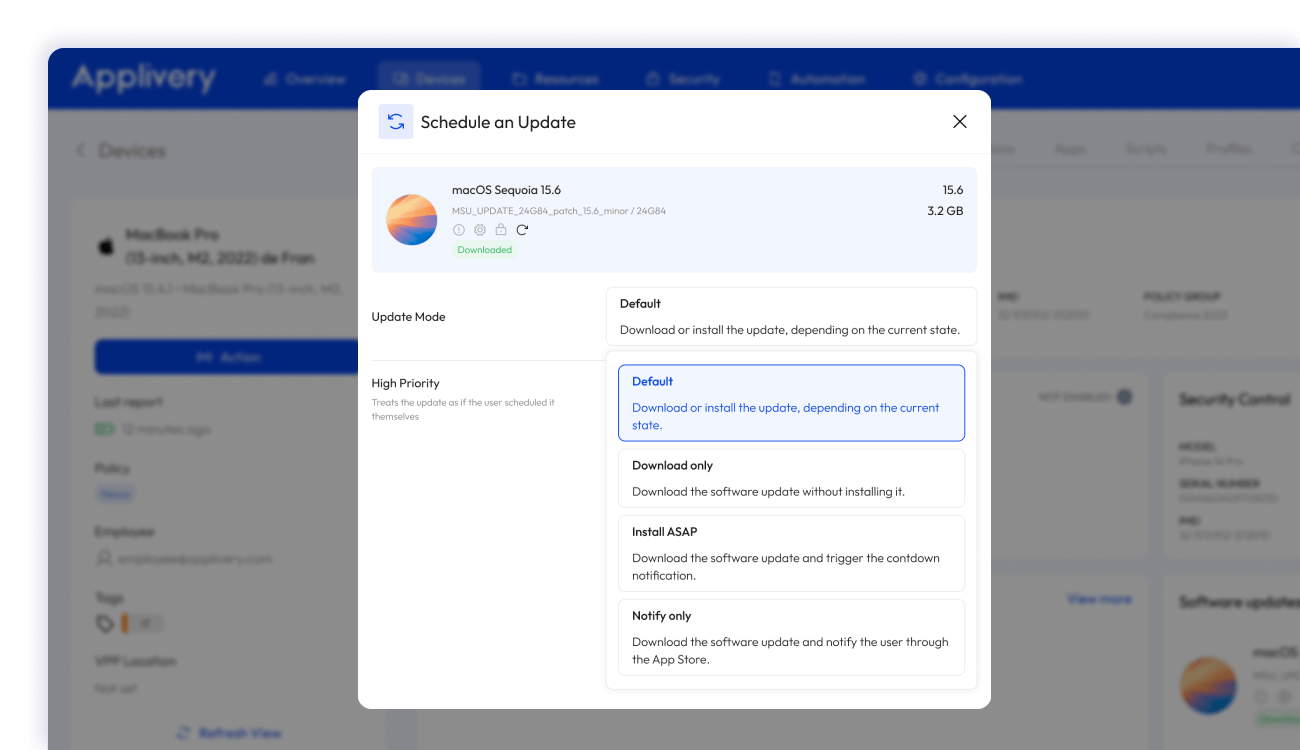 Panel de control de pplivery que muestra la programación y aplicación automatizadas de actualizaciones del sistema operativo para mantener los dispositivos seguros, conformes y actualizados.