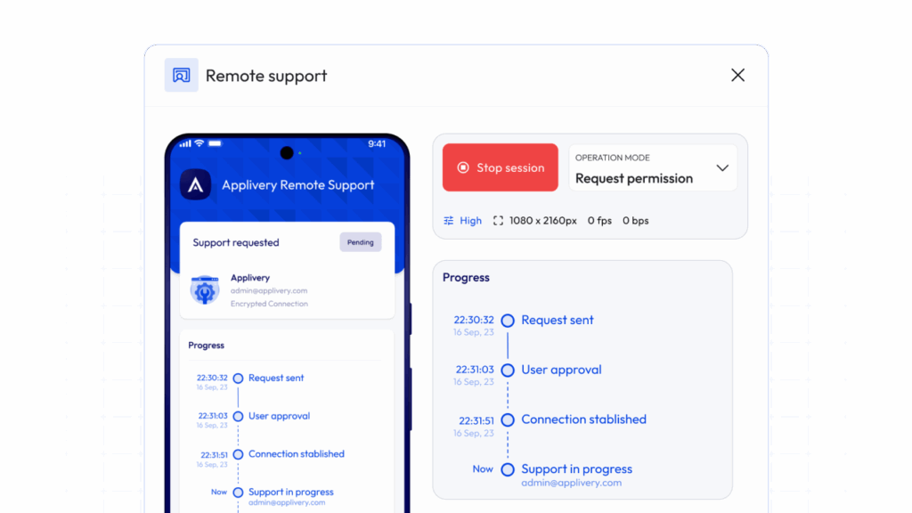 Panel de control de Applivery Remote Support que muestra el uso compartido de pantalla en tiempo real para ver e interactuar con el dispositivo de un usuario y resolver los problemas más rápidamente.