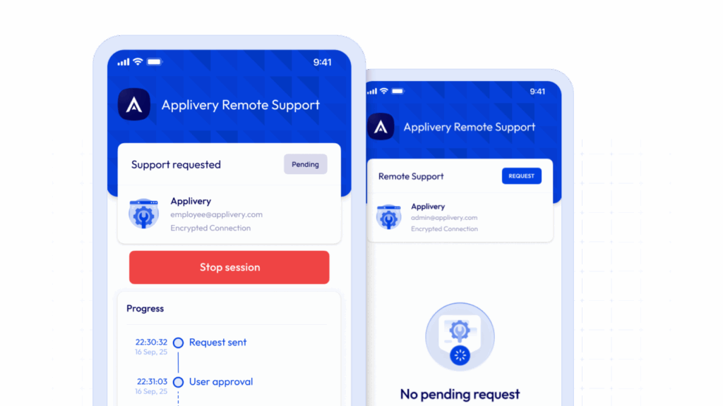 Panel de control de Applivery Remote Support que muestra las funciones de control y gestión remotos para aplicar correcciones, instalar software y configurar los ajustes del dispositivo.