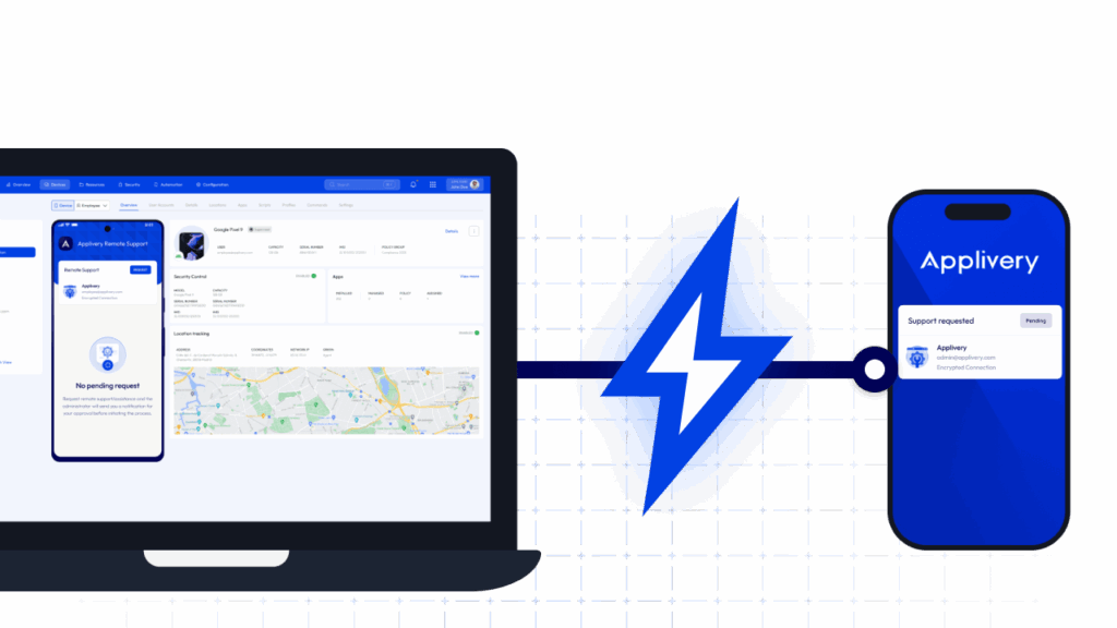 Applivery Remote Support muestra una conexión ultrarrápida y de baja latencia entre el ordenador portátil y el dispositivo móvil para la resolución instantánea de problemas.