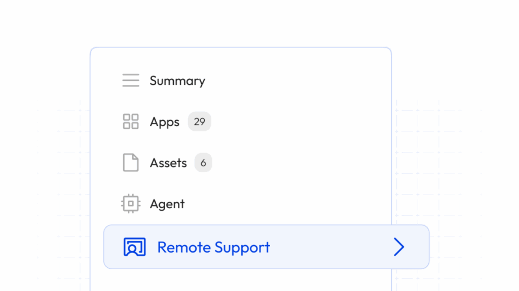 Menú del panel de control de Applivery que destaca la asistencia remota totalmente integrada sin necesidad de software adicional ni de cambiar de aplicación.