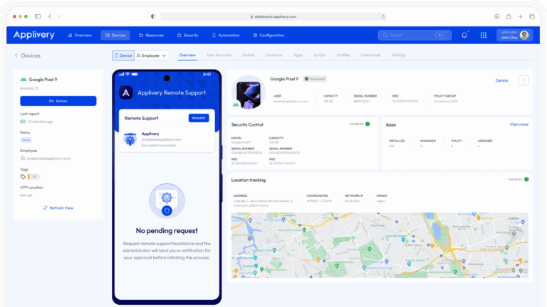 Applivery dashboard showing remote troubleshooting and seamless Remote Support tools to resolve device issues and improve productivity across the organization.