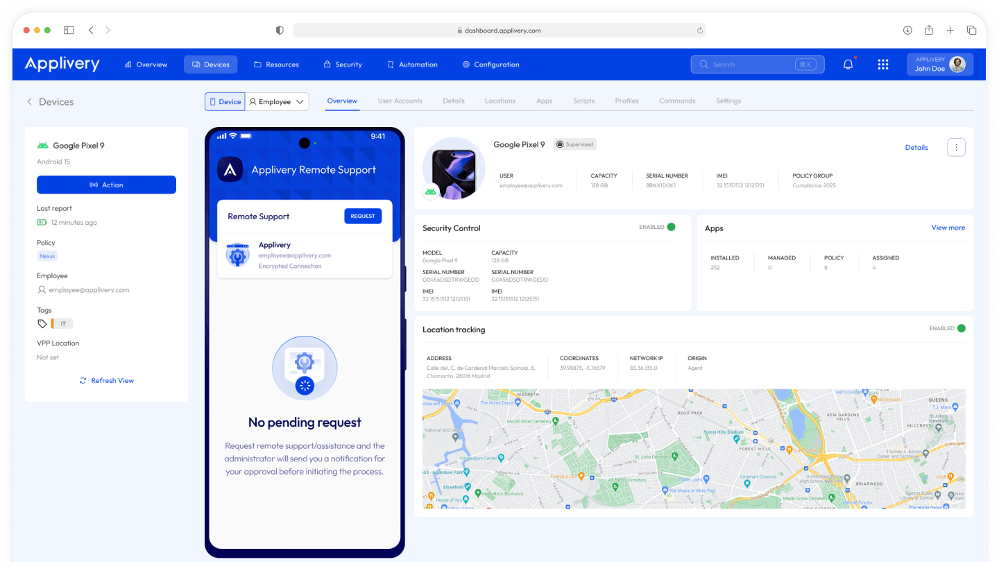 Panel de control de Applivery que muestra herramientas de resolución de problemas remota y asistencia remota sin interrupciones para resolver problemas con los dispositivos y mejorar la productividad en toda la organización.