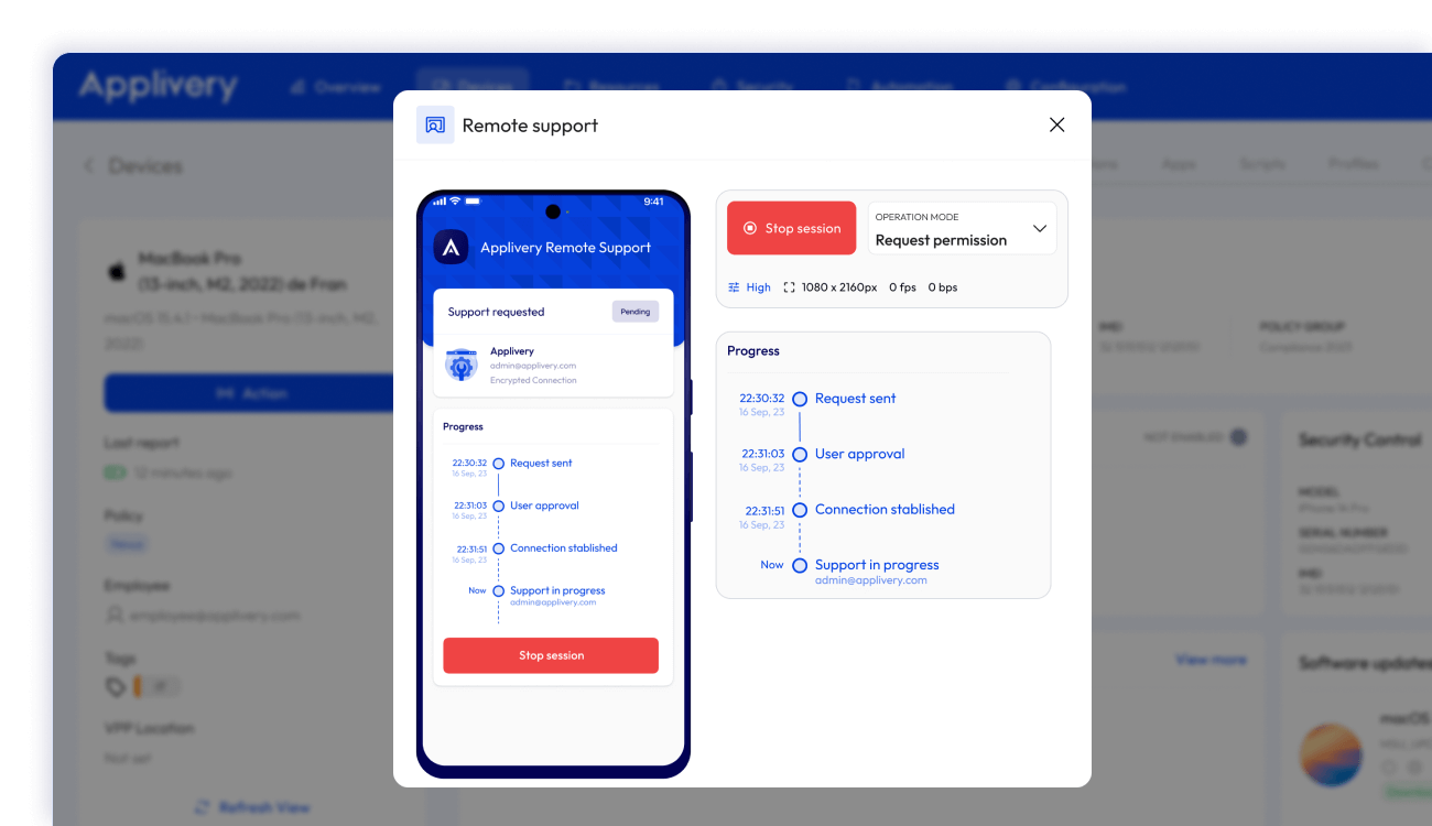 Panel de control de Applivery que destaca el marco de asistencia remota para garantizar el tiempo de actividad, la seguridad y el crecimiento con herramientas para ayudar y solucionar problemas en dispositivos de forma remota.