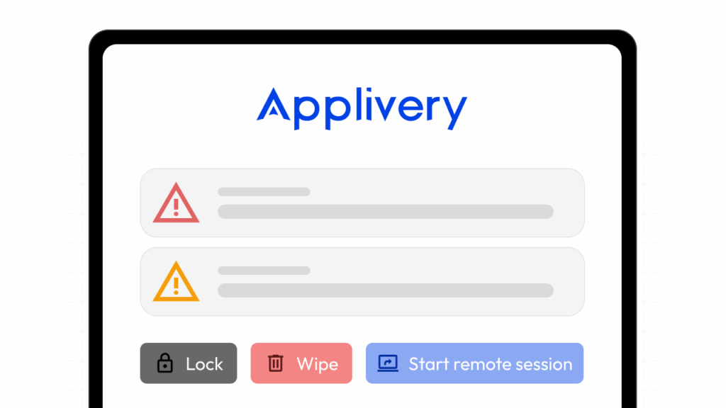 Panel de control de Applivery con alertas de seguridad y opciones para bloquear, borrar o iniciar una sesión remota, que ilustra la supervisión y gestión remotas de dispositivos comprometidos o no conformes.