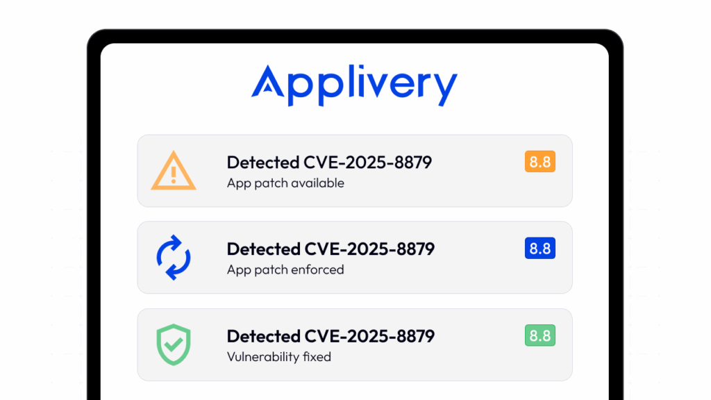Interfaz de Applivery que muestra la detección de vulnerabilidades CVE y el flujo de trabajo de aplicación de parches, con alertas que indican la disponibilidad de parches, su aplicación y la resolución satisfactoria, lo que ilustra la protección proactiva de los dispositivos.