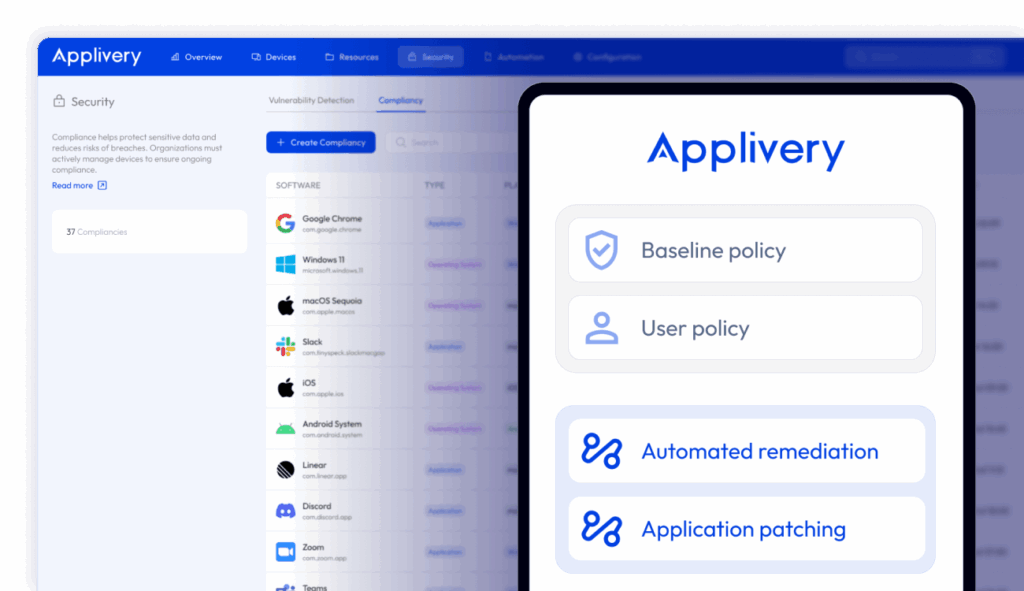 Panel de control de Applivery que muestra las políticas de cumplimiento y las funciones de gestión de parches con corrección automatizada de vulnerabilidades del sistema operativo y las aplicaciones.