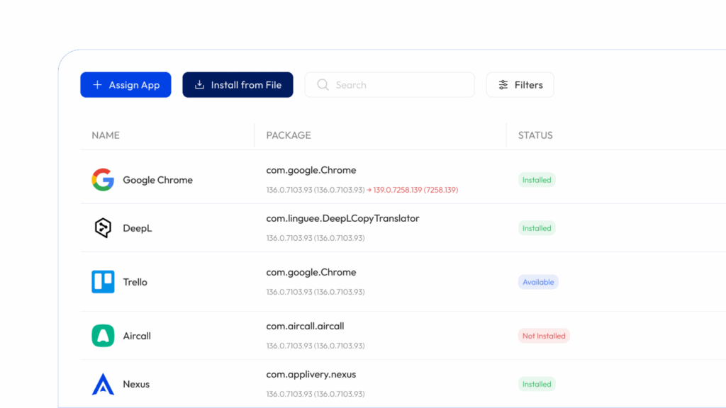 Panel de control de Applivery que muestra la aplicación de parches Over-the-Air (OTA) con implementación y actualizaciones remotas para mantener el buen funcionamiento de los dispositivos del lugar de trabajo.