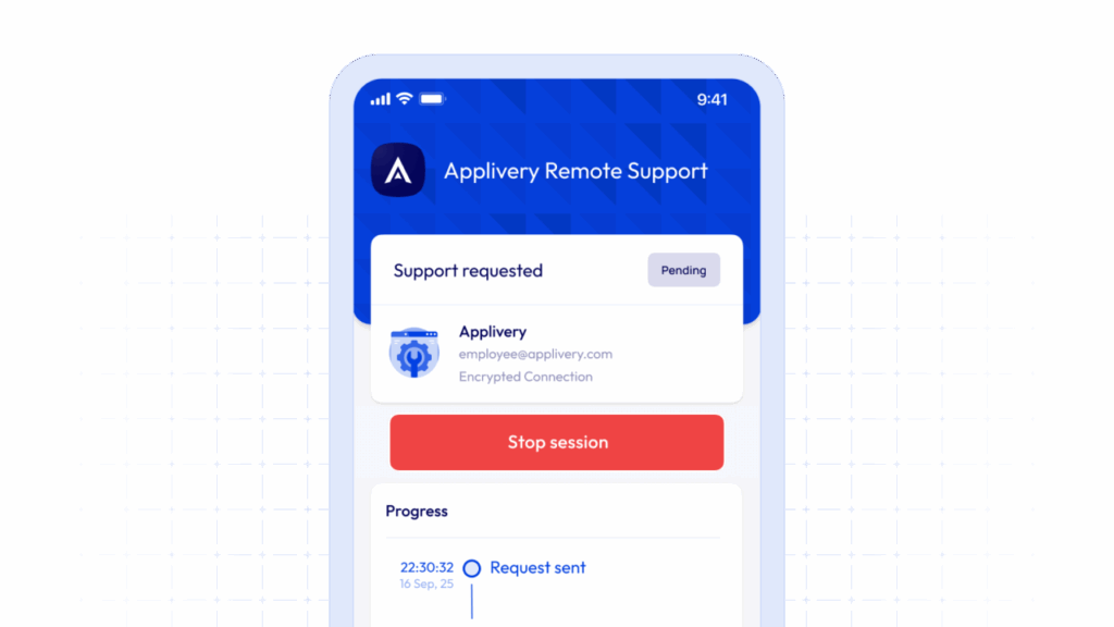 Interfaz móvil de Applivery Remote Support que muestra herramientas de asistencia en tiempo real para ayudar a los empleados desde cualquier lugar.