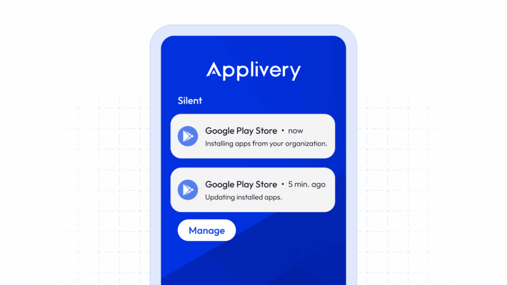 Interfaz móvil de Applivery que muestra supervisión y alertas en tiempo real para instalaciones y actualizaciones de aplicaciones, con el fin de facilitar la gestión proactiva de dispositivos.