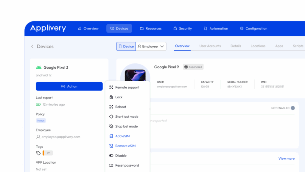 Panel de control de Applivery que muestra las opciones de gestión de eSIM, incluyendo añadir, eliminar y aprovisionamiento remoto para flotas de dispositivos empresariales.