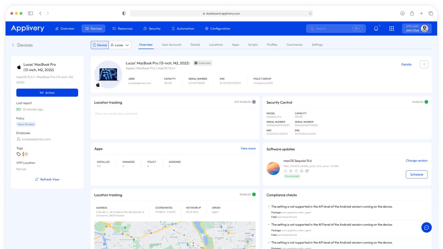 Panel de control de Applivery que muestra herramientas unificadas de gestión de dispositivos y aplicaciones para entornos de trabajo modernos, con el fin de simplificar las operaciones de TI y aumentar la productividad.