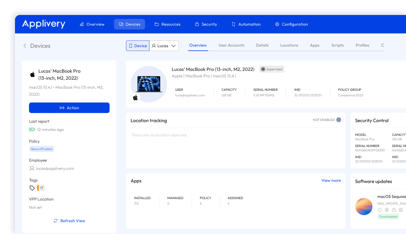 Panel de control de Applivery que muestra la gestión unificada de terminales con control centralizado de los dispositivos y aplicaciones de la empresa para garantizar la seguridad y el cumplimiento normativo.