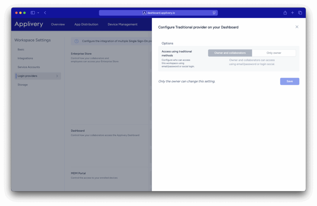Restrict traditional login at dashboard level