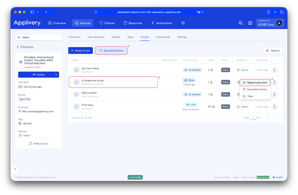 script actions menu | Applivery