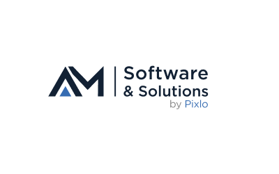 AM Software & Solutions by Pixlo logo on a black background